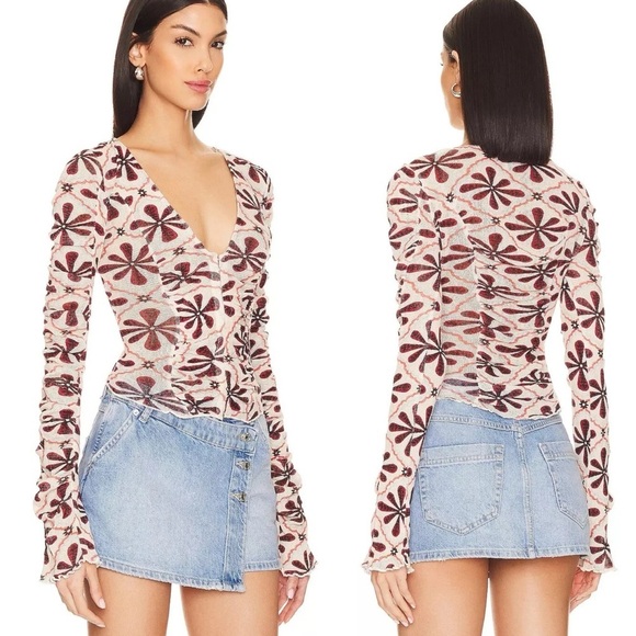 Free People Through The Meadow Floral Blouse In White Sand Combo Size S - Picture 1 of 5